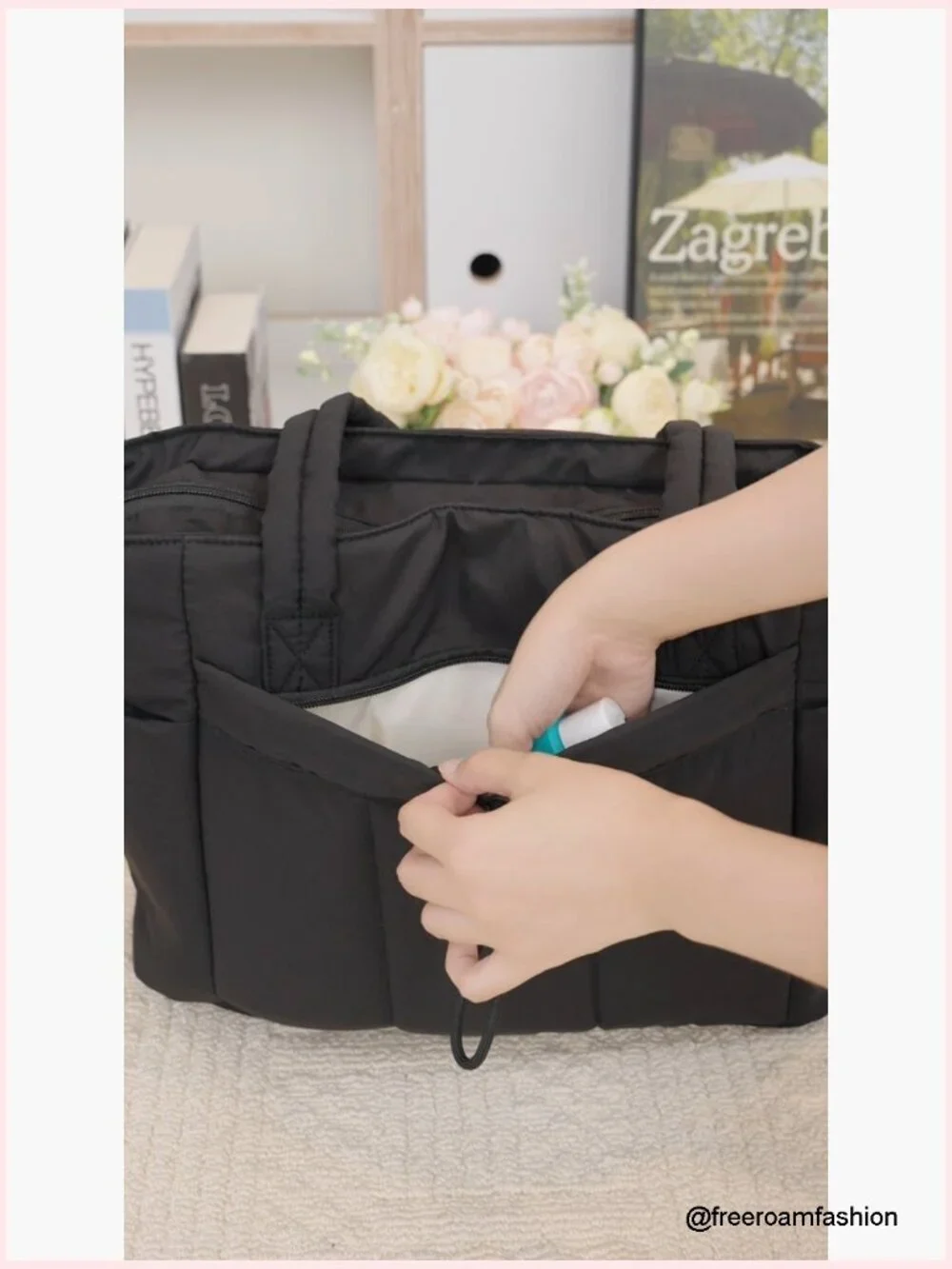 Puffer Tote Bag with Laptop Compartment & Cup Holder